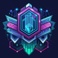 Futuristic banners and badges that look like they're made from glowing neon tubes and circuit boards. Include ribbon banners with a digital glitch effect and hexagonal medal shapes with integrated cir