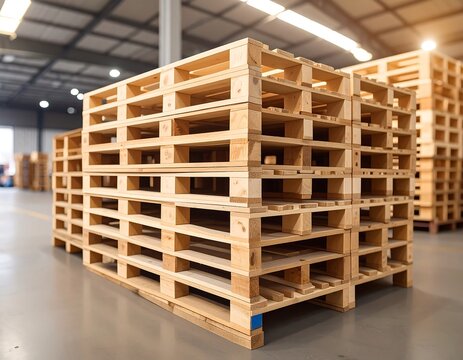 Stacked wooden pallets in a warehouse
