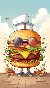 Naklejki Cartoon hamburger chef posing with scattered food
