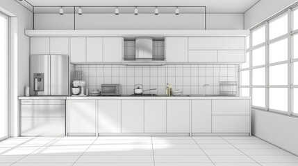 3D Render Sketch of a Modern Minimalist Kitchen with Integrated Appliances and Natural Light Shadows