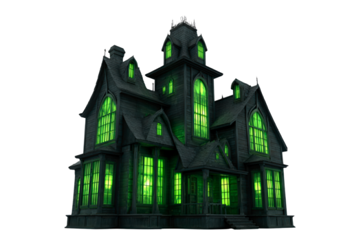 Spooky haunted mansion with green glow in darkness on transparent background