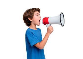 Naklejka premium Boy child shouting through red and white megaphone on transparent background