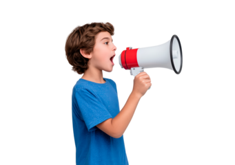 Boy child shouting through red and white megaphone on transparent background