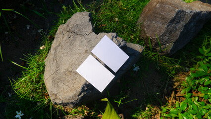 plain business card mockup on the stone and green nature background