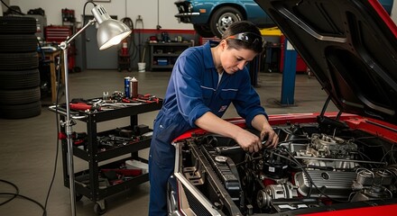 Obraz premium Auto mechanic repairing a classic red car in a garage setting The scene captures expertise maintenance and classic car restoration