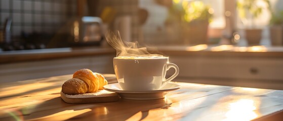 Steaming Coffee Mug and Fresh Croissants in Warm Morning Sunlight on a Wooden Kitchen Table