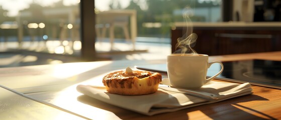 Steaming Coffee Mug and Fresh Fruit Tart in Warm Morning Sunlight on a Wooden Table