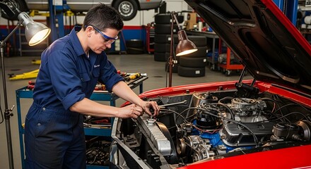 Obraz premium Auto Mechanic Inspecting Engine : A skilled technician in protective eyewear works on a red car ' s engine in a busy auto repair shop