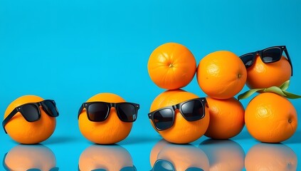 Oranges wearing sunglasses arranged on a blue background, creating a playful and summery vibe with a touch of humor and coolness
