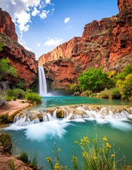 Stunning waterfall cascading into a vibrant pool nestled in a red rock canyon under a sunny sky