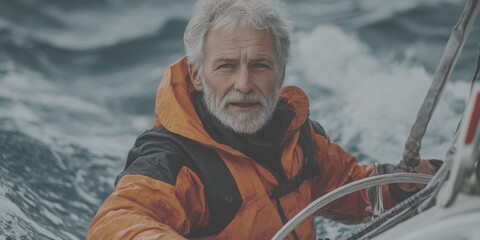 Senior sailor navigating turbulent waters while wearing bright orange rain gear on a sailboat during a stormy day at sea - Low Contrast