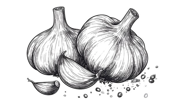 Hand-drawn illustration of garlic bulbs and cloves