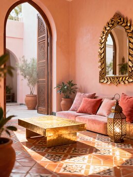 Moroccan riad living room interior with arched doorways and peach pink tones