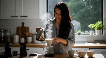 Woman pouring hot water into a coffee filter for a pour over coffee in her kitchen Making coffee at home with natural lighting