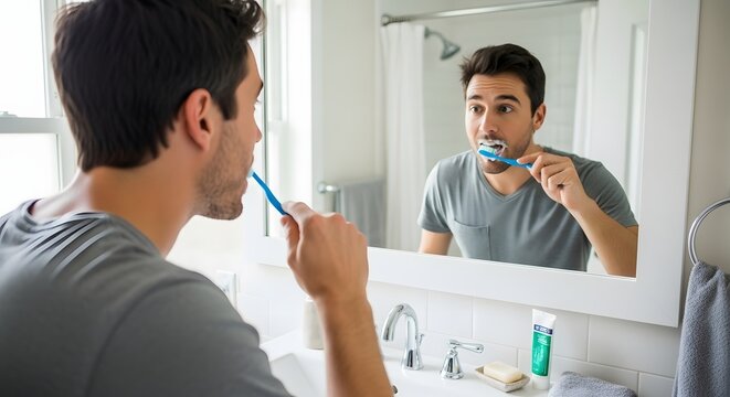 Morning routine : Man brushes teeth in a bright bathroom looking in the mirror with a focused expression Daily hygiene is important