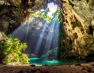 Sunlight streams into a lush cave