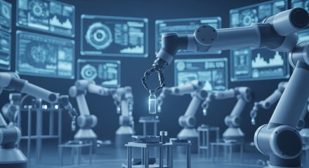 A futuristic robotic assembly line with multiple robotic arms working on various tasks. Screens display data and analytics in a high-tech environment.