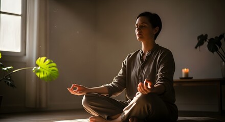 Serene woman meditating in a sunlit room finding peace and balance through mindfulness and relaxation Inner harmony and wellness