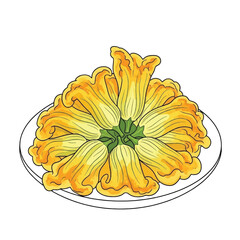 A plate of vibrant yellow zucchini blossoms arranged in a circular pattern, showcasing their delicate petals and green centers.