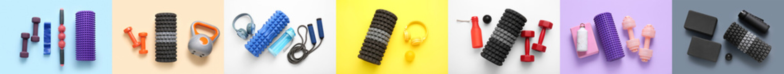 Set of sports equipment with foam rollers on color background