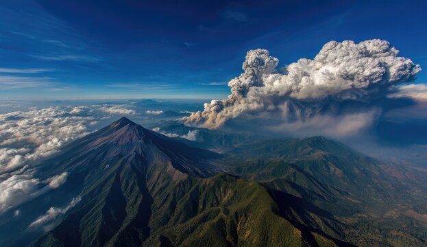 Volcanic eruption, aerial view of mountains and clouds
