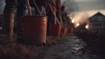 Community planting, twilight.  Rows of people holding tools, buckets