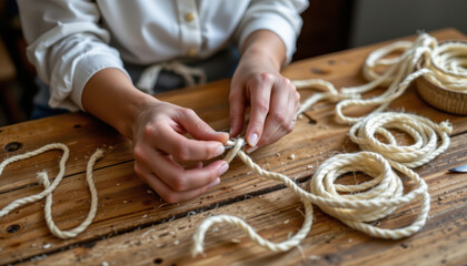 Obraz premium Crafting with natural materials can be rewarding experience, as seen in this of woman skillfully working with rope. Her hands delicately manipulate fibers, showcasing creativity and focus