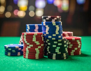 Stacks of poker chips on a green felt table in a casino