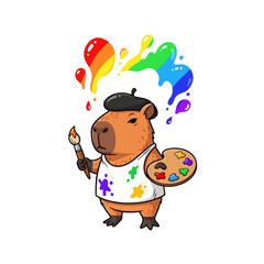 Naklejka premium An endearing cartoon capybara artist enthusiastically painting a vibrant rainbow splash, showcasing its creative spirit and joyful engagement in a colorful world of art