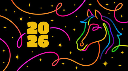 Happy 2026 Chinese New Year of the Horse Illustration. The Lunar Calendar Year's Color Symbol is a Vector Background with Continuous Gradient Lines and a Horse Head with Stars