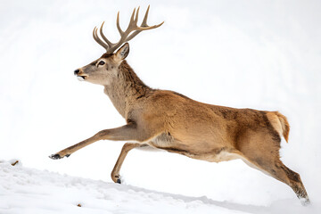 A majestic red deer stag running through the snow covered ground on a bright winter day outdoors