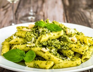 Penne pasta with pesto sauce
