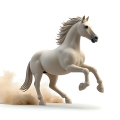 Naklejka premium 3D Majestic white horse rearing up on its hind legs with dust against a white backdrop