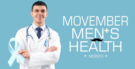 Urologist with blue awareness ribbons on color background. Movember - men's health month