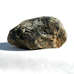 A dark, irregular rock on a white surface