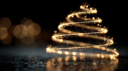 Minimalist glowing Christmas tree made of golden light trails, Abstract spiral holiday tree with festive lights, Elegant Christmas tree with shimmering golden swirls