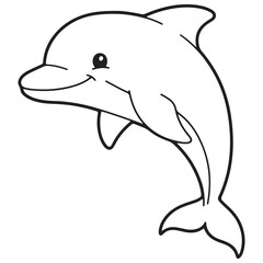 Line art illustration of a happy, adorable cartoon dolphin leaping out of the water, featuring a wide smile and a sleek, simple body shape. Perfect for children's coloring books or marine life themes.