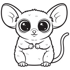 Line art illustration of an adorable, fluffy cartoon bush baby (Galago) sitting and facing forward, featuring oversized ears, huge eyes, and a long tail. Perfect for children's coloring books.