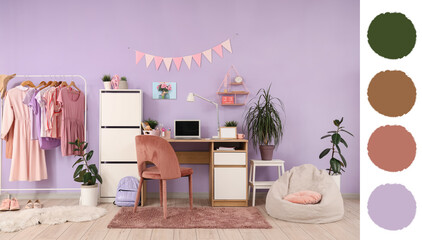 Interior of stylish teenager's room with workplace, plants and clothes rack