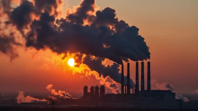 Smokestacks pollute orange sunset sky