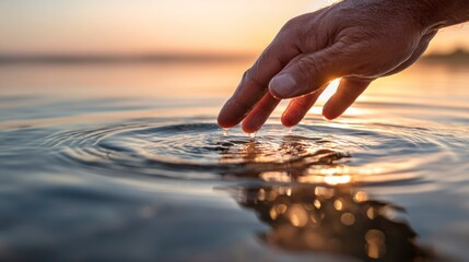 Hand touching water surface sunrise