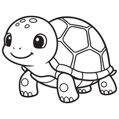 Line art illustration of a happy, adorable cartoon turtle or tortoise standing, featuring a detailed patterned shell, a sweet smile, and large eyes. Perfect for children's coloring books.