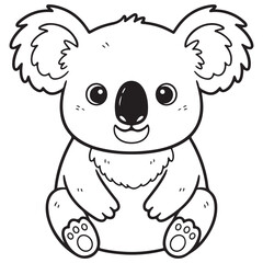 Line art illustration of an adorable, fluffy cartoon koala sitting and facing forward, featuring large, round ears, a wide nose, and a sweet, happy expression. Perfect for children's coloring books.