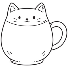 Line art illustration of a cute, round mug designed to look like a kawaii cat face, complete with ears, whiskers, and a simple, sweet expression. Perfect for children's coloring or kitchenware icons. 