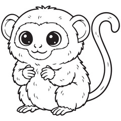 Line art illustration of an adorable, fluffy cartoon pygmy marmoset sitting up, featuring huge, expressive eyes and a long, curving tail. Perfect for children's coloring books or
