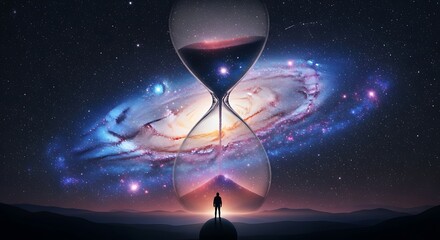 Hourglass with galaxy inside standing on a hill overlooking a starry sky space universe