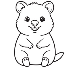 Line art illustration of an adorable cartoon quokka sitting and facing forward, featuring its characteristic happy, smiling expression. Perfect for children's coloring books or Australian animal theme