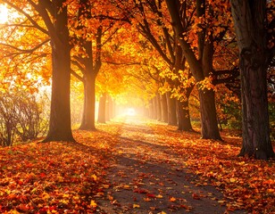 Fototapeta premium Autumnal pathway bathed in sunlight