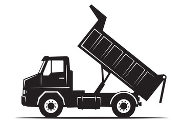 Fototapeta premium A black and white illustration of a dump truck with its bed raised, isolated on white background, ready to unload its cargo in a construction site vector illustration