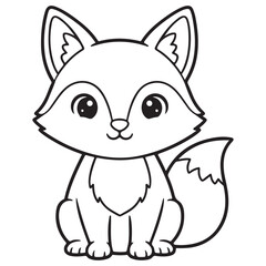 Line art illustration of a cute cartoon fox sitting down and looking forward, featuring a fluffy tail, pointy ears, and an appealing, sweet expression. Ideal for children's coloring books.